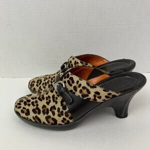 Cole Haan Y2K Leopard Print Leather & Calf Hair Heeled Mules Clogs Buckle Detail